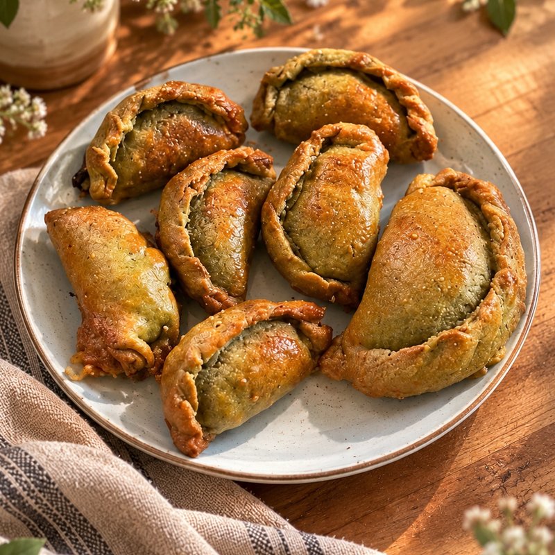 Golden green-buckwheat buns with a beef filling on a speckled plate