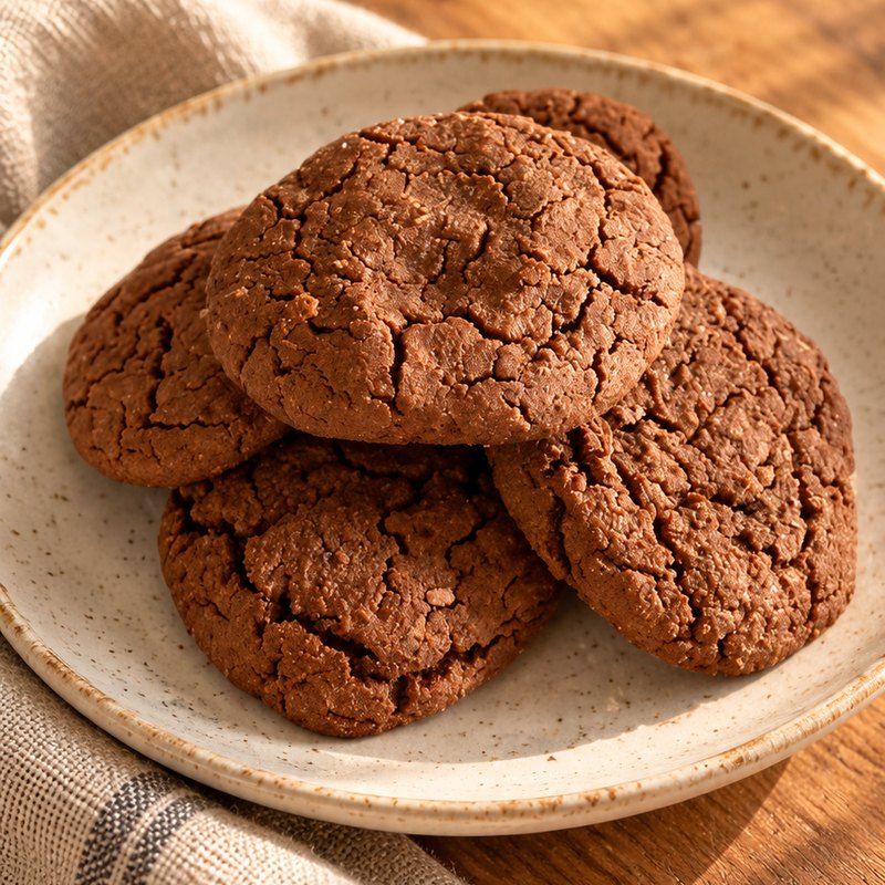 Soft dark carob cookies on a speckled plate