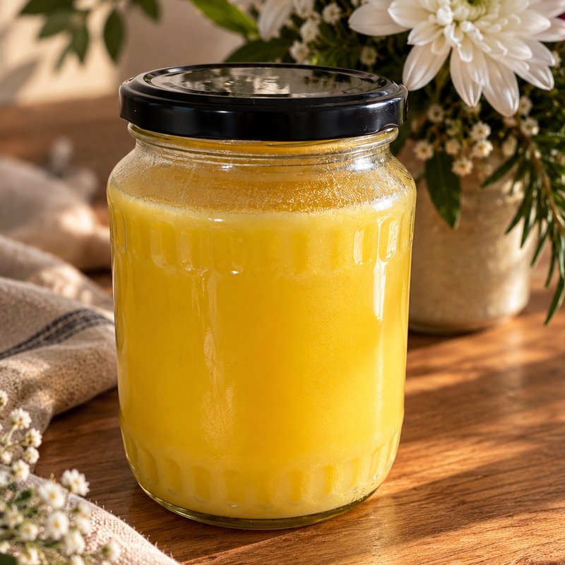 A glass jar of golden home-made ghee