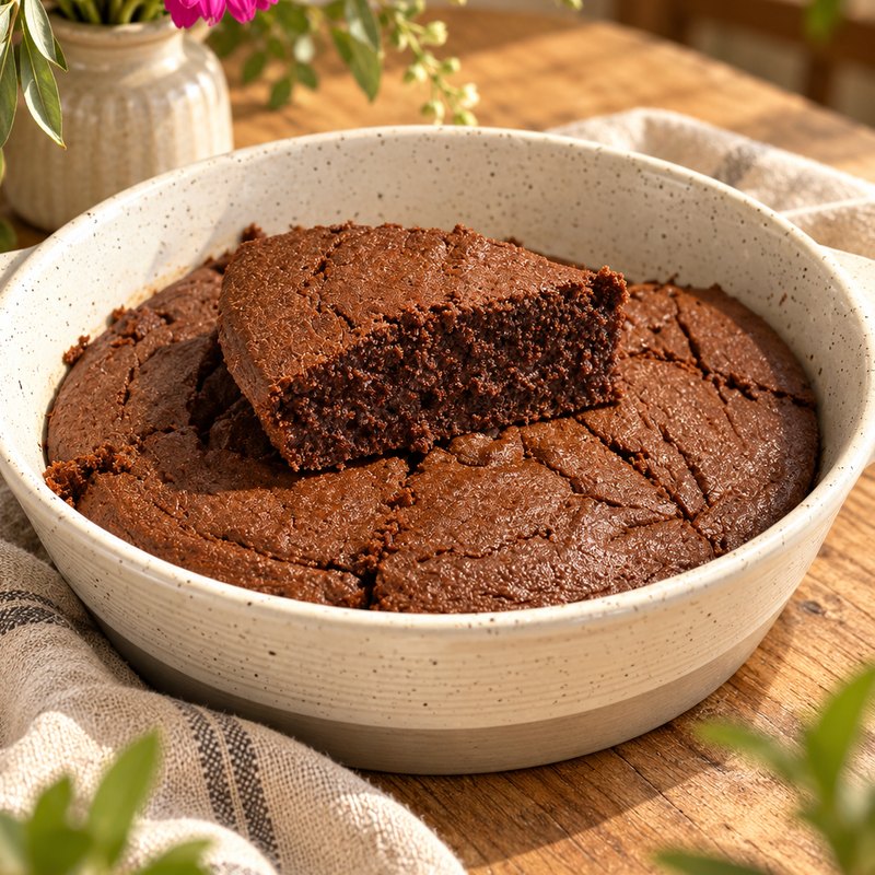A rich chocolate brownie in a speckled baking dish, one slice lifted out