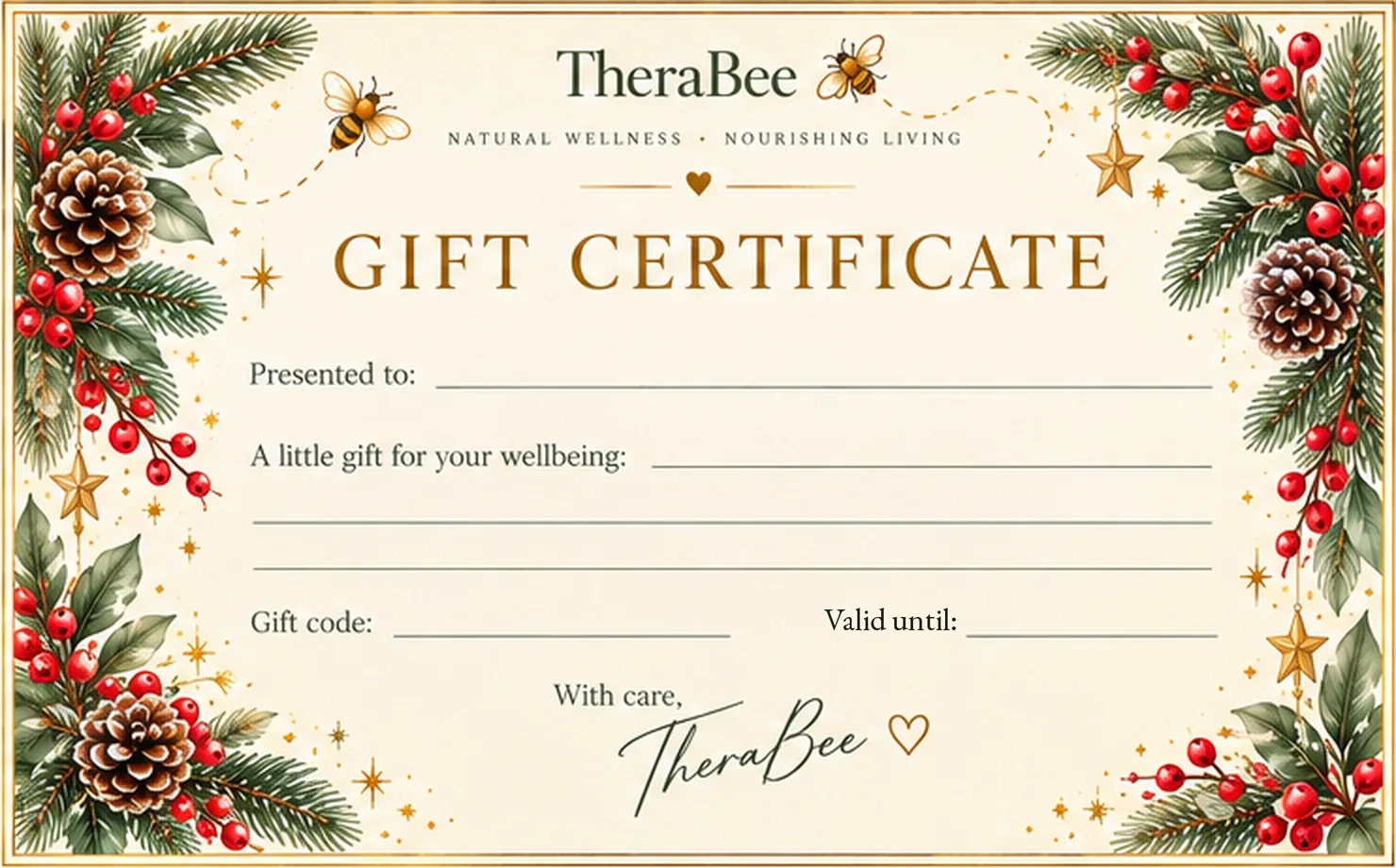 The TheraBee Christmas gift certificate, with pine, red berries and gold stars
