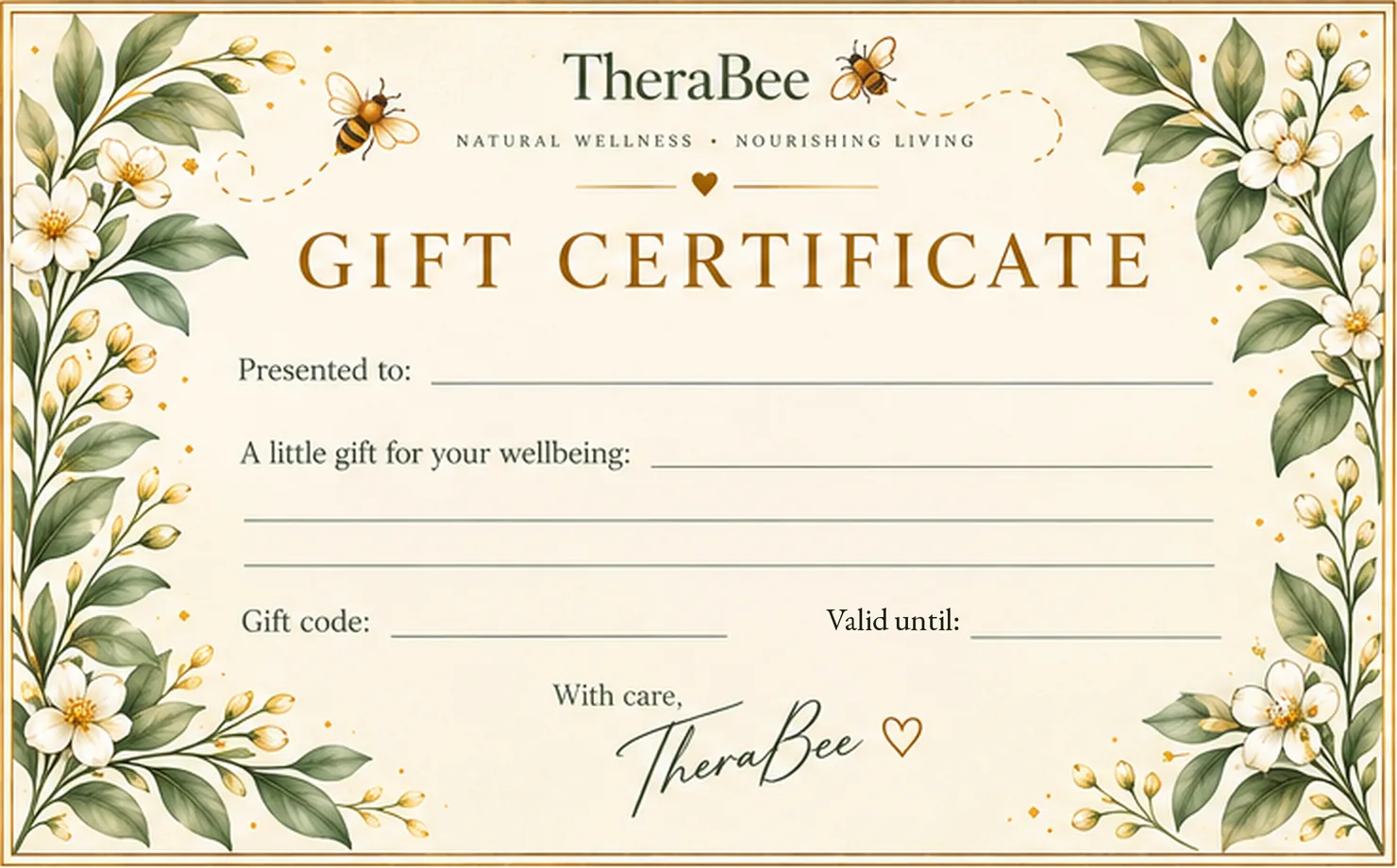 The classic TheraBee gift certificate, with leaves, daisies and gold honeycomb