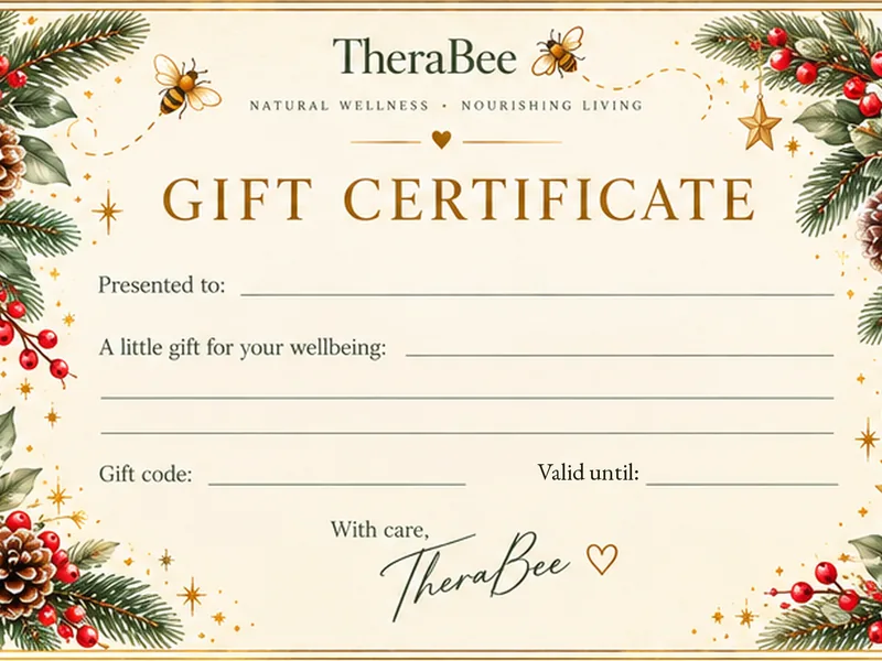A TheraBee gift certificate with Christmas greenery
