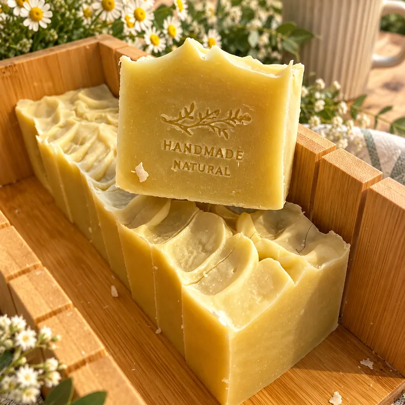 Handmade olive-oil soap bars in a bamboo mould